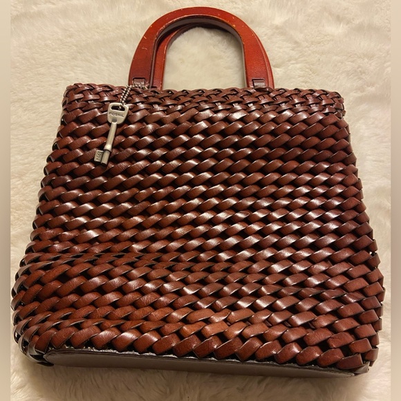 Fossil Handbags - Vintage leather Fossil wooden handle weave brown bag with key charm